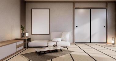 intérieur de salon japonais moderne, canapé et table d'armoire sur fond de mur blanc de la chambre. rendu 3d photo