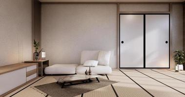intérieur de salon japonais moderne, canapé et table d'armoire sur fond de mur blanc de la chambre. rendu 3d photo