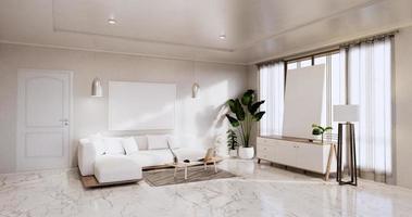 intérieur, salon minimaliste moderne a un canapé sur un mur blanc et des carreaux de granit au sol. rendu 3d
