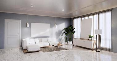 intérieur, salon minimaliste moderne avec canapé et armoire, plantes, lampe sur mur bleu et sol en carreaux de granit. rendu 3d photo