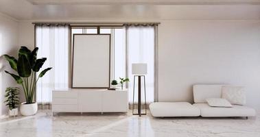 intérieur, salon minimaliste moderne avec canapé et armoire, plantes, lampe sur mur blanc et carrelage en granit au sol. rendu 3d photo