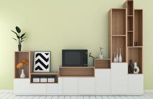 étagère de télévision dans la chambre jaune de style tropical moderne - intérieur de la pièce vide - design minimaliste. rendu 3D photo
