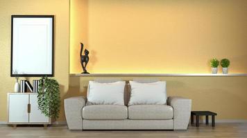 intérieur zen moderne avec canapé et plantes vertes, lampe, décoration de style japonais sur mur jaune design lumière cachée. rendu 3D photo