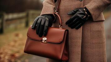 mode, accessoire et style, l'automne hiver vêtements pour femmes Vêtements collection, femme portant élégant vêtements, gants et Sac à main, Anglais campagne Regardez photo