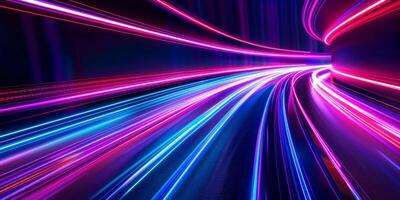 futuriste tunnel fabriqué de embrasé néon violet et violet lignes. abstrait mouvement Contexte photo