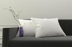 oreillers blancs et plantes sur canapé noir. rendu 3D photo