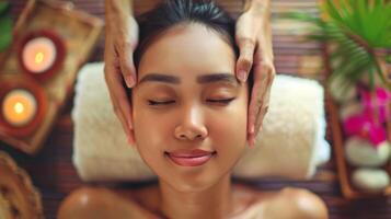 asiatique Dame subissant une visage massage dans un exotique thaïlandais spa paramètre. femme se livrer dans une faciale thérapie session. concept de soins auto-administrés, spa expériences, et rajeunissement. photo