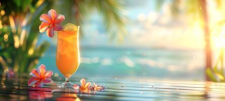 rafraîchissant tropical cocktail contre flou tropical océan toile de fond. vibrant boisson dans Naturel paramètre. concept de été boissons, rafraîchissant breuvages. bannière. copie espace photo