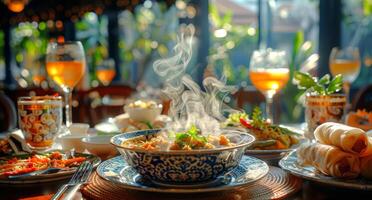 thaïlandais banquet table ensemble dans une traditionnel restaurant. assortiment de thaïlandais vaisselle avec vapeur en hausse, en dessous de chaud éclairage. concept de asiatique à manger expérience, culturel festin, authentique cuisine photo