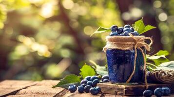 verre pot de fait maison myrtille confiture avec Frais myrtilles sur en bois table en plein air. concept de biologique nourriture, préservation, en bonne santé alimentaire, rustique mode de vie. copie espace photo