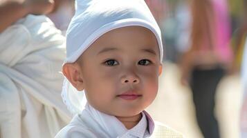 Jeune thaïlandais enfant dans blanc novice moine tenue, culturel ordination cérémonie. serein garçon dans monastique des robes, une moment de tradition. concept de spirituel croissance, thaïlandais culture, et religieux entraine toi. photo