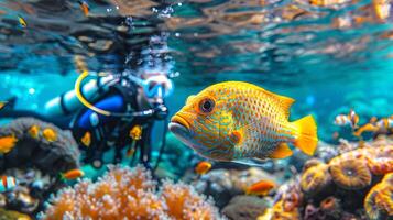 plongeur observer une vibrant Orange poisson dans une corail récif. riches sous-marin écosystème capturé dans action. concept de scaphandre autonome plongée aventure, Marin la vie observation, écologique tourisme. photo