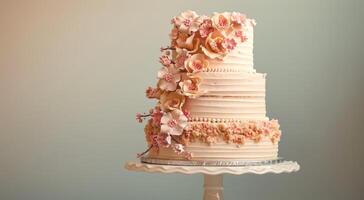 élégant mariage gâteau orné avec pastel fleurs sur une rester. magnifique échelonné gâteau décoré avec doux rose fleurs. concept de fête, luxe dessert, mariage cérémonie, de fête conception photo