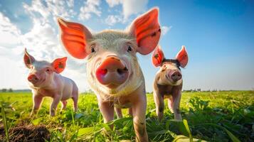 adorable les cochons. mignonne porcelets dans une vert herbeux champ en dessous de une bleu ciel avec blanc des nuages. concept de bétail, ferme animaux, agriculture, rural la vie photo