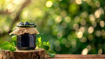 verre pot de fait maison myrtille confiture avec Frais myrtilles sur en bois table en plein air. concept de biologique nourriture, préservation, en bonne santé alimentaire, rustique mode de vie. copie espace photo