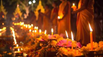 bouddhiste les moines dans Orange robes pendant aux chandelles veillée. Lignes de embrasé bougies et fleurs dans une temple. concept de paix, méditation, religieux cérémonie, et bouddhiste tradition photo