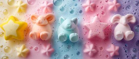 assorti mignonne animal et en forme d'étoile une baignoire bombes pour les enfants. vibrant couleurs et charmant conceptions. concept de adapté aux enfants une baignoire des produits, amusement hygiène, et espiègle une baignoire temps. photo