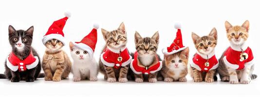 diverse groupe de mignonne chatons dans de fête vacances tenues. concept de Noël, animaux domestiques, fête, adorable animaux. isolé sur blanc Contexte photo