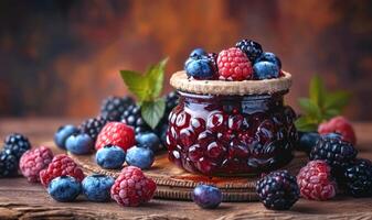 mixte baies dans une verre pot sur une rustique en bois tableau, concept de biologique Confiture, fait maison conserves, Frais fruit, en bonne santé alimentaire, baie confiture photo