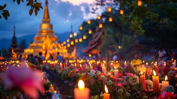 a la chandelle Festival à asiatique temple avec vibrant fleurs. traditionnel fête avec bougies et fleurs. concept de culturel festivals, religieux cérémonies, et communauté rassemblements photo