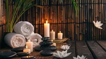 élégant spa réglage avec allumé bougies, fleurs, les serviettes, lisse des pierres. calmant bien-être battre en retraite pour relaxation. concept de luxe thaïlandais spa, tranquillité, soins auto-administrés. bannière. espace pour texte photo