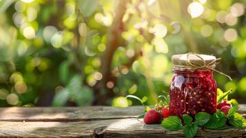 pot de fraise confiture avec Frais des fraises sur une en bois table dans lumière du soleil. fait maison conserves dans une rustique paramètre. concepts de biologique nourriture, fait maison, et été. copie espace photo