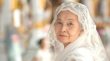 personnes âgées asiatique femme portant élégant blanc dentelle tenue avec une solennel expression dans temple. mature thaïlandais Dame à cérémonie. Sénior la mariée. concept de vieillissement avec dignité, élégance, beauté. copie espace photo