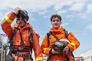 une équipe de sur de soi et accompli sapeurs pompiers enjambées volontairement dans leur uniformes, exsudant fierté et la satisfaction après avec succès compléter une difficile lutte contre les incendies mission photo