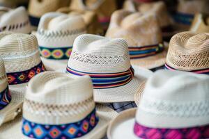 Fait main Panama Chapeaux à le Extérieur marché dans otavalo équateur photo