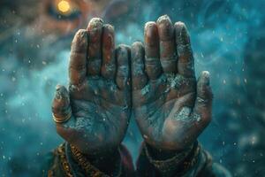 prier mains avec Foi et croyance dans dieux bénédictions. photo