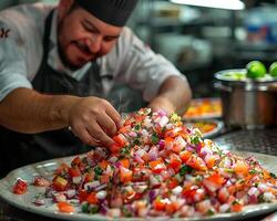 une chef en train de préparer une assiette de Ceviche dans une mexicain restaurant. photo