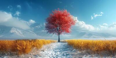 arbre avec rouge feuilles dans neigeux champ en dessous de ciel crée magnifique paysage photo