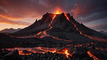 une volcan avec lave écoulement en dehors de il photo