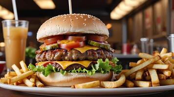 une Hamburger et frites sur une assiette photo