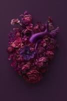 Bourgogne fleurs formant anatomique cœur sur violet Contexte. art concept. photo