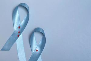 vue rapprochée du concept pour la journée mondiale du diabète le 14 novembre. ruban bleu avec des gouttes de sang sur fond bleu.