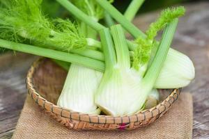 légume de fenouil du jardin, bulbes de fenouil crus frais prêts à cuire sur fond vert nature en bois de nourriture. photo