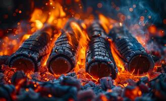charbon brûlant dans barbecue gril. proche en haut de brûlant bois dans cheminée photo