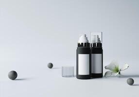 flacons de crème ou pompes à parfum placés sur un fond noir et blanc. photo