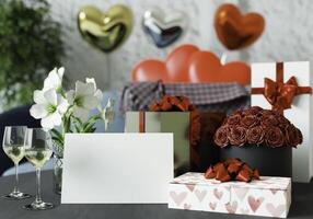 carte avec boîte-cadeau sur la Saint-Valentin, style 3d. photo