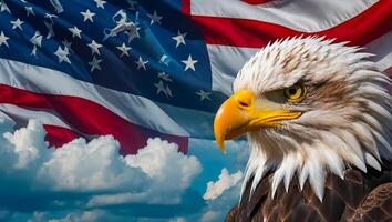 magnifique Aigle oiseau sur le Contexte de le américain drapeau photo