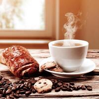 mugs ambiance café et composition cosy de tasses mousseuses et pain blanc. photo