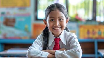 indonésien élémentaire école fille souriant dans Salle de classe, éducatif toile de fond, diverse portrait, école uniforme, retour à école thème photo