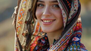 Jeune femme dans traditionnel Vêtements souriant beauté photo