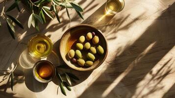 knolling la photographie de olive arbre des produits et bien ambiance essentiel photo