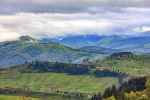 dans la vallée à flanc de montagne s'étendaient des parcelles agricoles rectangulaires sur fond de paysage pittoresque des montagnes des Carpates, enveloppées de brume.