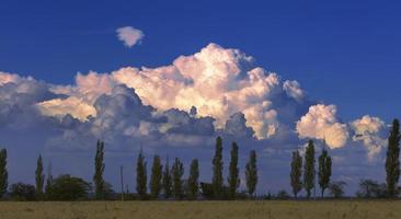 un grand beau nuage au coucher du soleil les rayons du soleil pendaient au-dessus des peupliers élancés photo