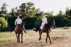 fille dans une robe d'été blanche et un gars dans une chemise blanche sur une promenade avec des chevaux bruns photo