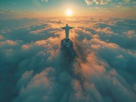 majestueux lever du soleil plus de une mer de des nuages avec le iconique Christ le Rédempteur statue, symbolisant Foi et tranquillité. photo