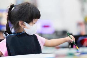 la fille porte un masque facial blanc pour éviter la poussière pm2.5 et le virus. un enfant portant un uniforme de tablier étudie l'aquarelle en classe. enfant tenant un pinceau.